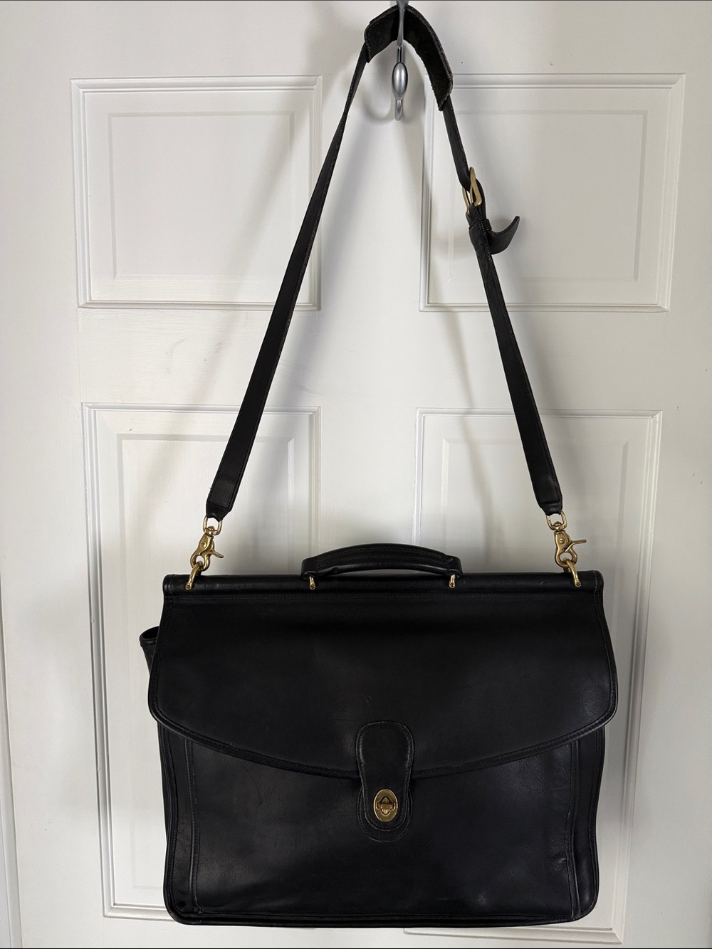 Coach Beekman Black Leather Men’s Briefcase with Brass Hardware